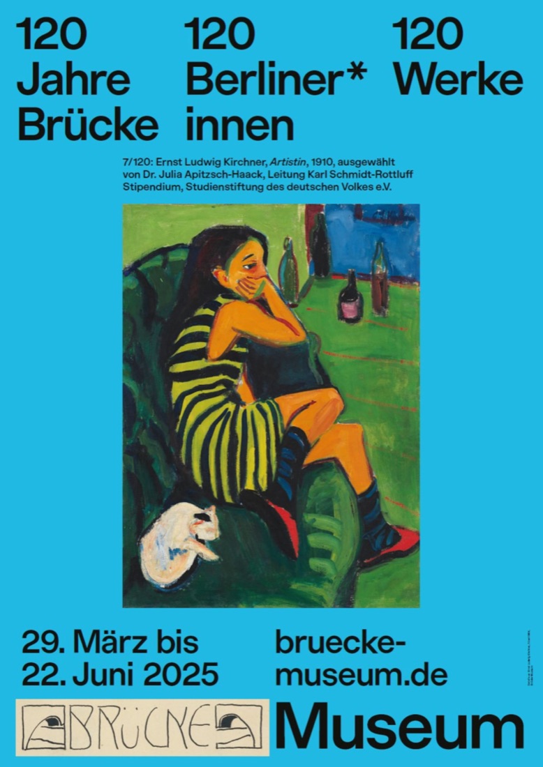 Ausstellungsplakat „120 Jahre Brücke. 120 Berliner:innen. 120 Werke“ mit Kirchners Gemälde „Artistin“